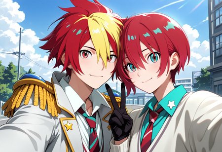 masterpiece, best quality, amazing quality, absurdres, newest, detailed background, definition so sharp, Ultra-HD, 8K cinematic, very awa, impressionate, amazing quality, highres, 
duo, couple focus, different high, different size, side by side, v, selfie, upper body, day, blue sky, outdoor, 
BREAK
1boy, kagayakibishounen, takuto_red eyes, takuto,red hair, short hair, takuto_gingabishounen, two-toned hair, dyed bangs, coat, ascot, epaulettes, aiguilette, star (symbol), gloves, white shirt,
BREAK
1girl, amate yuzuriha,aqua shirt,striped necktie,white sweater,