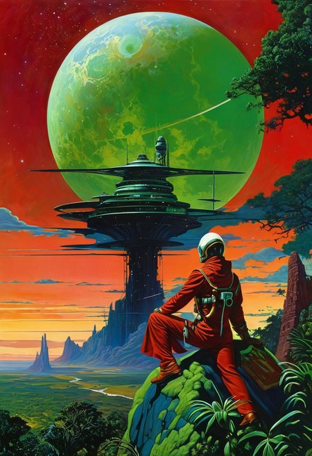 • A jungle of stars, in the style of vintage science fiction book covers,  red landscape.