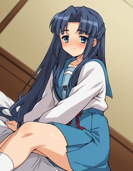score_9, score_8_up, score_7_up, source_anime,
ryoukoasakura,  <lora:ryouko-asakura-s1-ponyxl-lora-nochekaiser:1>,
ryouko asakura, long hair, blue eyes, blue hair, half updo,
skirt, long sleeves, school uniform, serafuku, sailor collar, blue skirt, blue sailor collar, winter uniform, kita high school uniform,
indoors, bed, bed room, on side, blush, drunk,
looking at viewer, dutch angle, cowboy shot, solo,