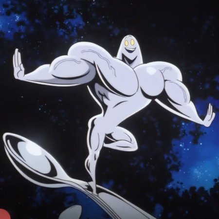 absurdres, masterpiece, 4k, cinematic lighting, dynamic pose, dynamic angle BREAK Silver Spooner, silver skin, yellow eyes, muscular male (large veiny muscles, large pectorals, broad shoulders), 1boy, solo, smile, bent hip, arms out, open mouth, looking to viewer, on one leg, bent leg BREAK space, on spoon