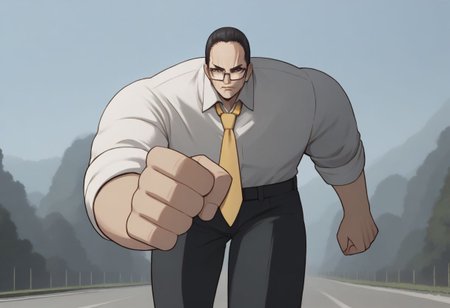 score_9, score_8_up, score_7_up, score_6_up, score_5_up, score_4_up, rating_safe,source_anime,detailed,intricate linework,running ganger (meme),meme,running,SenArmStrong, grey eyes, black hair, buzz cut, glasses,white shirt, yellow necktie, black pants,outdoors,