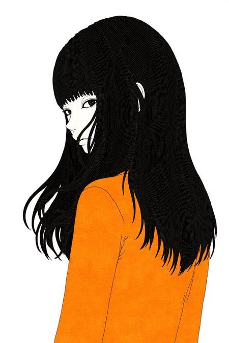kchiba1 illustration. 
Portrait of a young woman with long, flowing black straight hair that covers part of her face and cascades down her back. She wears a bright orange, long-sleeved top, She is turning her head slightly and her ear is visible through her hair.
 <lora:kchiba1_cap_d6a3:1.0><lora:837664389898227773:0>