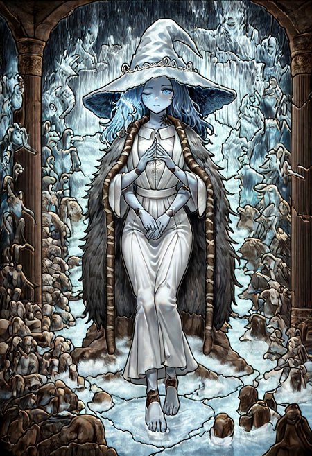 masterpiece, best quality, newest, absurdres, highres, H3GM/P-V1.1, 
1girl, ranni the witch \(elden_ring\), blue hair, blue eyes, doll joints, joints, one eye closed, white dress, extra arms, 4a rms,