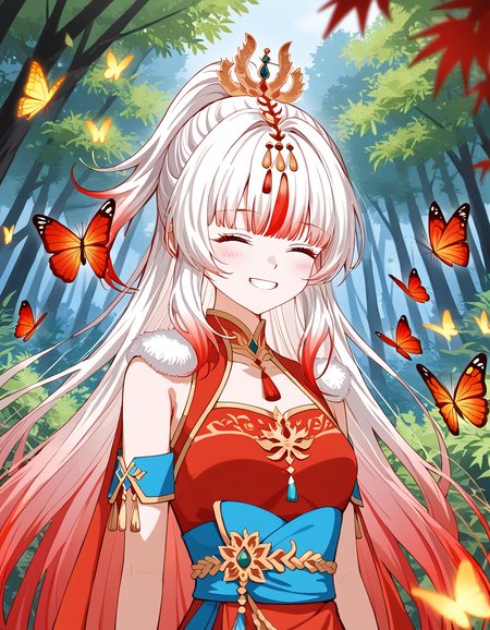 <lora:Feng_Xueer:0.9>,  (masterpiece), (best quality), (ultra-detailed), absurdres, very aesthetic, illustration, feng_xuer, 1 girl, beautiful face, hair ornament, multicolored hair, streaked hair, white hair, red hair, long hair, closed eyes, red dress, smiling, teeth, in a forest, butterflies, light through leaves