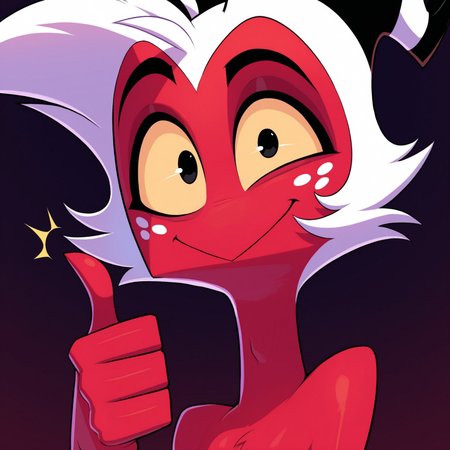 masterpiece, best quality, good anatomy, detailed face, detailed eyes, 
solo, 1boy, moxxie \(helluva boss\), demon, red body, white hair, upper-body portrait, face focus, smile, thumbs up, 