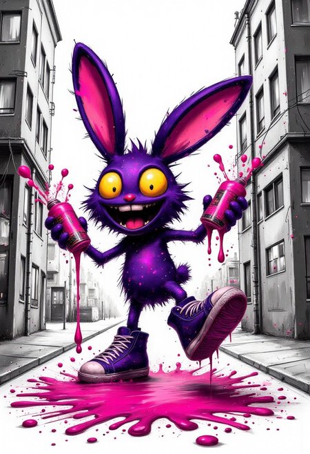 cinna flow, ink splats, A cartoon-style illustration of an evil purple bunny character with yellow eyes, holding pink paint bottles and spilling it onto the ground. The background is black and white sketch of back alley to contrast against his dark color scheme. He has large ears and wears oversized hightop sneakers that match in tone. His expression shows excitement or joy as he splashes vibrant pink liquid. Very detailed, vibrant colors
