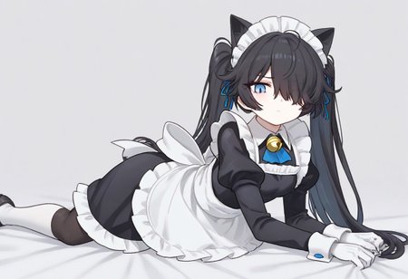 (Maid-kasli), solo, white gloves, dress, hair over one eye, maid apron, blue eyes, twintails, cat ears, maid headdress, maid, gloves, 1girl, apron, juliet sleeves, long sleeves, long hair, black hair, animal ears, bell,(Fall down),