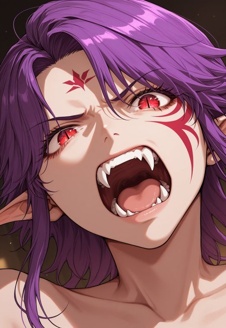 masterpiece, best quality, amazing quality, very aesthetic, absurdres, dynamic angle, ultra-detailed, highly detailed, cinematic lighting, realistic shading, BREAK, MinekuraStyle, BREAK
1girl, close up, angry, red eyes, slit pupils, pointy ears, open mouth, fangs, purple hair, facial tattoo, 