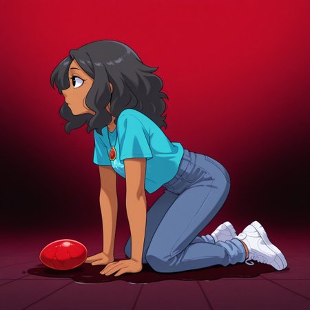 Elena,1girl,white shoes,jeans,aquamarine shirt,tanned skin,black eyes,long black hair
Elena in profile, kneeling on the floor in a puddle. Elena extends her left arm holding a red egg-shaped necklace. Elena cries silently. In the background a red sky with a black sun.