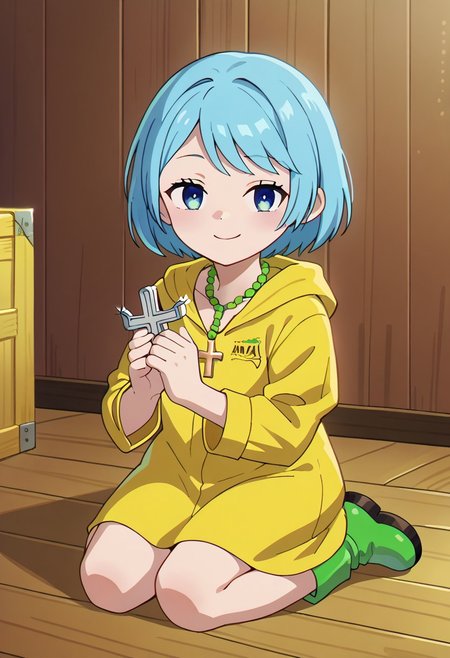 score_9, score_8_up, score_7_up, BREAK
highres, highly detailed, high resolution, high quality, 
source_anime, anime screencap, saturation, vivid colors, 
1girl, solo, luce, full body,
light blue hair, big dark blue eyes, short hair, cute,
(long yellow raincoat:1.1), green rubber boots, 
cross necklace,
squinting eyes, half-closed eyes, smile, naughty face, closed mouth, looking at viewer,
a girl holding a crucifix in her one hand, on knees, kneeling, sitting, holding, holding cross, offers cross,
jyuzu, holding,
pikaole, cute, bokeh,
room background, wooden chest, 
(side view:0.5), (high angle:0.7),