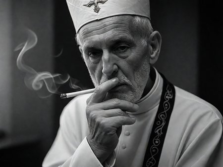 this black and white photo was shot on Kodak Tri-X 400 monochrome film with a Nikon F2 SLR camera and a Nikkor f/1.4 50mm lens, aperture f/1.4, shutter speed 1/60s, ISO 400. In a dimly lit confessional, an old priest with hat is depicted with a lustful expression as he sensually draws on his cigarette, the tendrils of smoke swirling and enveloping the room.