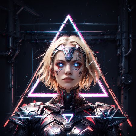 score_9,score_8_up,score_7_up, glitch, d1splaygl1tchl1nes, a glowing (triangle:1.2), (jeanne d'arc alter (lancer) (fate):0.9), cyborg, mecha, breasts, contrapposto, shiny, glamour, makeup, glossy, glowing eyes, anamorphic, science fiction, geometric, cyberpunk style  <lora:Glitch:0.7>  <lora:Display_Glitch_Lines_Effect_PONY_XL_by_UOC:0.7> <lora:futuristic_Concept:0.2> <lora:Cyberpunk_Style:0.2> <lora:TransHumanizm_Concept_PONY_XL_by_UOC:0.4>, (black background:0.8), particles, dust, lines,blonde hair,bangs, headpiece