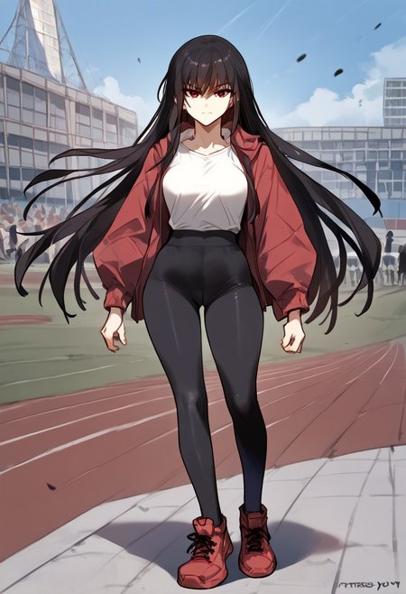 zPDXL3, score_9_up, score_8_up, score_7_up, (Anime_source), Sport camp background, score_9, score_8_up, score_7_up, score_6_up, source_anime, 1girl, solo, <lora:ainanasaki-pdxl-nvwls-v1-000005:1> 1girl, Feng Ling, red eyes, black hair, long hair, medium breast, looking at viewer, cowboy shot, toned, looking at you, portrait, white shirt, prostetic left arm, tights red sport shorts, sneakers, looking at viewer, outdoor, solo, full body, standing, dynamic pose,