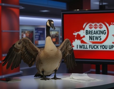a realistic brown canadian goose on a news counter in a CBC Newsroom reading the latest headlines. The TV overlay says "CBC BREAKING NEWS" with the headline "I WILL FUCK YOU UP". <lora:Concept_morse-BBCNewsroom-FLUX:1>.  The canadian goose has it's wings spread wide