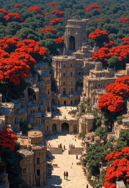 « There stood a neat village of stark white houses in gardens of enormous red flowers.»