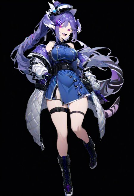 masterpiece, best quality, ultra-detailed, beautiful, nai3, 1girl, solo, full_body, tachi-e, 
selen tatsuki, boots, dress, tail, dragon tail, hat, blue dress, official alternate costume, dragon girl, sleeveless, ponytail, belt, smile, gloves, long hair, breasts, open mouth, very long hair, thigh strap, simple background, hair ornament, jacket, bangs, hairclip, fang, wings, black footwear, looking at viewer, black belt, pointy ears,