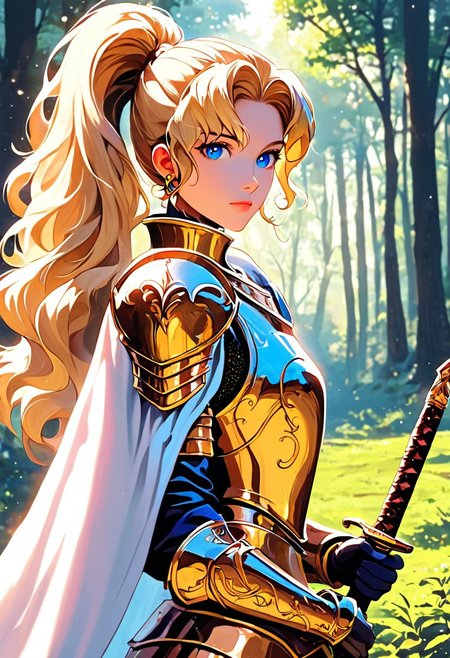 1girl, weapon, armor, sword, blue eyes, holding weapon, solo, blonde hair, holding sword, looking at viewer, cape, holding, forest, long hair, white cape, nature, shoulder armor, ponytail, gold armor, gloves, breastplate, outdoors, nose, pauldrons, tree, from side, blurry background, closed mouth, blurry, knight, bush, plate armor, wavy hair, vambraces, black gloves, gauntlets, upper body, standing, faulds, two-handed, earring, reflection, 
rimixa,,  <lora:Ri-MIX_A_Illustriousv-000010:1>, masterwork, masterpiece, best quality, dynamic lighting , dynamic pose,,  dynamic angle, lips, nose