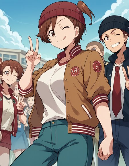 score_9, score_8_up, score_7_up, source_anime, <lora:shino-kuribayashi-s1s2-ponyxl-lora-nochekaiser:1>, shino kuribayashi, short hair, brown hair, brown eyes, side ponytail, large breasts,, <lora:letterman-jacket-ponyxl-lora-nochekaiser:1>, letterman jacket, jacket,, outdoors, crowd, people, v, v over eye, one eye closed, tongue out, smile, beanie, pants, open clothes, open jacket, , cowboy shot, dutch angle