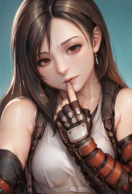 score_9, score_7_up <lora:miche-guy-PONY-DORAv1:1>, 1girl, solo, (tifa lockhart):0.7, presenting, portrait, crop top, head tilt, hand on own chin, depth of field, blue background, gradient background