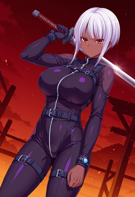 general,highres, ultra-detailed,very aesthetic,best quality ,best hands,best eyes,easynegative,
dynamic anglre, dutch angle, anime cloring,
1girl solo,looking at viewer,outdoors,arena,holding sword,fighting,
Naoto,white hair, short_hair, red eyes, huge_breasts, dark-skinned female,bodysuit,