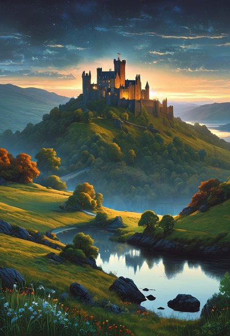 A captivating night scene illustration featuring a beautiful castle on a large  hill overlooking a lake in Wales.   The castle is ancient but well maintained and updated and comfortable to live in.  This enchanting artwork captures a serene and peaceful early morning, where the sun is just starting to rise over the beautiful hills and castle which   stands resolute amidst hills of Wales, creating a cinematic experience., illustration, cinematic
<lora:DonM3t3rn1tyXL-v1.1:0.7>, DonM3t3rn1tyXL,
OverallDetailXL  <lora:MJ52:0.3>  <lora:SDXLFaeTastic2400:0.4>  <lora:EpicF4nta5yXL:0.7>