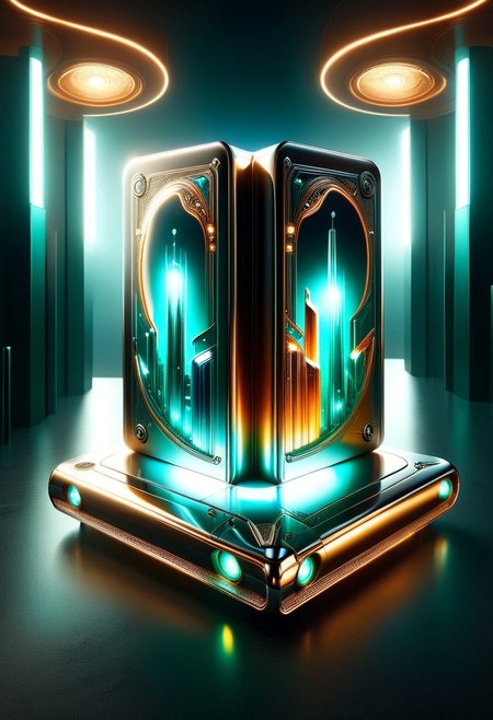 A sleek, metallic 'book' with a rounded cover and gleaming chrome edges, resembling a futuristic novel, rests on a pedestal on a desolate, neon-lit city street at dusk. The vehicle's body shimmers under the urban glow, with LED lights tracing the spine like a digital bookmark. A lone figure stands nearby, gazing up at the 'book' with an air of curiosity.
ultra detailed, enhanced, prismatic colors, render, CRU, sharp, 8k, octane render, cinema 4d, blender, dark, atmospheric 4k ultra detailed, cinematic, Sharp focus, big depth of field, Masterpiece, colors, 3d octane render, 4k, concept art, hyperrealistic, Vivid colors, extremely detailed 8k wallpaper, Intricate, High Detail. Car has square LED headlights, a glowing LED Ford mustang  emblem. LED running lights  Car is in a futurist high tech dealer showroom on a circular platform that is lit from below. The car has several spotlights on it which only enhance the crystal.  camera is looking down and sideways as the car. emeraldmorph