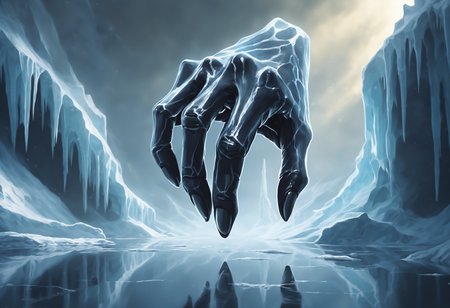 The image depicts a colossal, bony hand emerging from an icy abyss. The hand is deformed and adorned with long, sharp claws. The background is dominated by ice and snow, creating a cold and hostile atmosphere. The hand appears to be breaking through the reflective surface of the ice, hinting at a massive creature lurking beneath.


concept art, digital painting, matte painting, megascans, octane rendering, god rays, ray tracing, lumen, high-resolution
