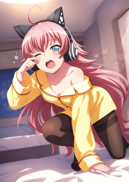 masterpiece,masterpiece,best quality,newest,highres,absurdres,source_anime,small breasts,tamade chiyu,NORMAL,
1girl,cat ear headphones,solo,long hair,headphones,((black pantyhose)),medium breasts,ahoge,blue eyes,very long hair,smile,looking at viewer,yawning,crawling on bed,off shoulder,pink hair,bedroom,lazy,rubbing eyes,sleepy,wearing pajamas,
<lora:Tamade_chiyuNoob:1>,