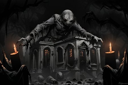 Photography, photorealistic, insanely real life detailed, 8k, highest resolution possible, sharp focus, taken with professional DSLR and lenses, cinematic, taken best skilled cinematographer, 
mong, monster, horror \(haunted house\), Darkness,
haunted house,night,dark,sparse Candlelight, creepy, scary,terrifying
horror movie atmosphere, cinematic dark night time lighting and dramatic shadows,