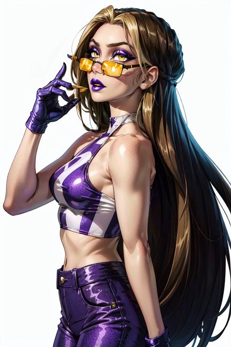 (Darcy), yellow eyes, brown hair with blonde strips, very long hair, (CasualOutfit), (purple eyeshadow, purple lips, halter croptop, purple pants, boots, sunglasses), (solid white background, white background:1.5), (realistic:1.2), (masterpiece:1.2), (full-body-shot:1),(Cowboy-shot:1.2), neon lighting, dark romantic lighting, (highly detailed:1.2),(detailed face:1.2), (gradients), colorful, detailed eyes, (detailed landscape:1.2), (natural lighting:1.2), close shot, solo, <lora:WinxClubDarcy-10:0.9> <lora:add_detail:0.3> <lora:hipoly3DModelLora_v10:0.05>  <lora:RSERomantic_RSESofiko_RSEEmma-v1:0.1> <lora:BeautifulEyes:0.6>