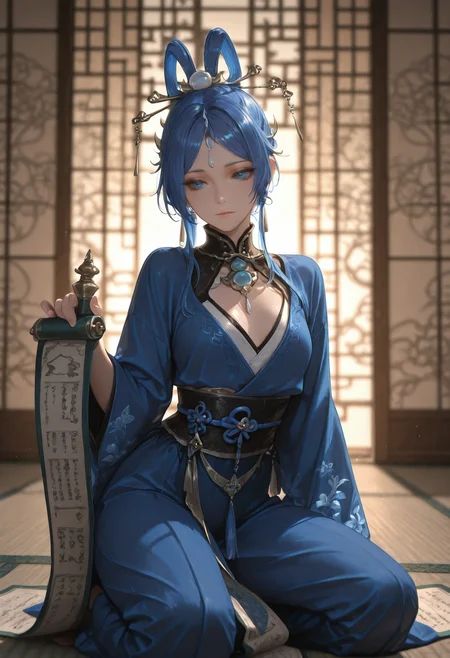 masterpiece, best quality, volumetric lighting, dramatic lighting, depth of field, sharp focus, semi realistic, realistic shading, warm natural lighting, (emphasize body curves:1.2), (mature female:1.2), (detailed face and eyes:1.2), (proper anatomy:1.3), natural interaction, (highlighted skin gloss:1.1), 
BREAK
1girl , solo, blue eyes, blue hair, forehead jewel, topknot, hair sticks, alternate costume, casual oufit, small breasts,small head,
kneeling on tatami, holding an ornate scroll, soft light from shoji screen
<lora:illustrious_quality_modifiers_masterpieces_v1:0.6> <lora:MGE_V5.2_IL:0.7> <lora:ppw_v7_Illuv1.0_1_r2:0.4> <lora:USNR_STYLE_ILL_V1_lokr3:0.5>  <lora:Yuwen_Yongning__Demon_Emperor__Illustrious_v5:0.9>