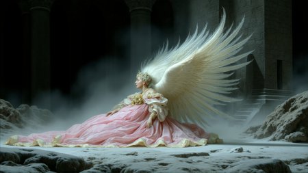 <lora:Former_Splendor:0.75> <lora:Hand v2:1> side view, French, fire theme, black-toned Social Realism photo of a heavenly mature futuristic clothed winged sleeping air elemental dancing in a dark apocalyptic castle, intricate white and pink and gold ebru, magical, frozen, billowing dark dust, very detailed