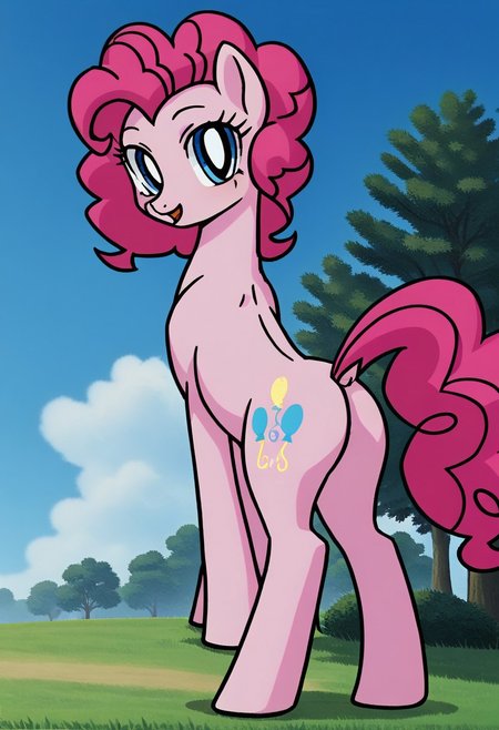 score_9, score_8_up, score_7_up, score_6_up, score_5_up, score_4_up, source_anime, anime screencap, anime coloring, retro artstyle, BREAK, tall  skinny slender slim equine Pinkie Pie, earth pony, female, mare, pony, solo, horse butt, perfect butt, bubble butt, 8U881E, toned body, toned forelegs, outdoors, back roads, dutch angle, looking at viewer, perspective, <lora:EarlyAkira_v4:0.4> <lora:Pony_MLP_v1.5:1>  <lora:8U881E:0.6> <lora:pony_001:1> <lora:1990s_hentai-V1:0.4>