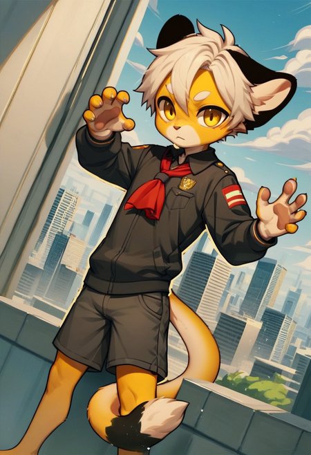 solo, furry, anthro, mikus, 1boy, solo, paws, boy, petite boy, slim boy, small boy, (white hair, dark yellow eyes, yellow fur, dotted eyebrows, small eyebrows, white eyebrows, white fur, yellow paws, (tail tip black:1.3), black ears), Soviet schoolgirl uniform, frilled apron, red neckerchief, score_8_up, score_7_up, score_6_up, score_5_up, score_4_up, outdoors, cityscape, dutch angle, random pose, spontaneous pose, random view, view from different angles, shorts, chibi