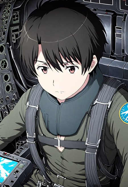 high resolution, solo, best quality, 1Boy, Inaho Kaizuka, Black Hair, Pilot, Cockpit, OverallDetail