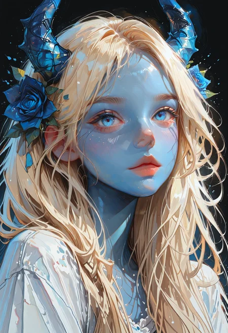 masterpiece, best quality, no lineart, no outline, 1girl, solo, long hair, looking at viewer, blue eyes, hair ornament, flower, horns, hair flower, lips, colored skin, black background, blue flower, blue theme, blue skin, blue rose, blue horns, impressionism,traditional media, painting \(medium\),dynamic pose,close up
<lora:DetailedEyes_V3:1> <lora:USNR_STYLE_ILL_V1_lokr3:0.45> usnr <lora:ponyv6_noobV1_2_adamW:0.9> <lora:GENESIS_MK0.2:0.5>  <lora:KoreanStyleSDXLvpred10:1> AiKoreanStyle, lips, korean, asian <lora:KRGRL-IL:1>