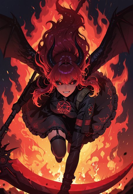 masterpiece, best quality, good quality, very aesthetic, absurdres, newest, 8K, depth of field, focused subject, solo, 1girl, black sclera, obsessed, demon girl, focused face, angry face, looking at viewer,
glitter hair, long hair, black and red hair, holofoil, 
combat solider, midair, nightstalker, black angel wings, goth dress, wielding scythe, running, apocalyptic, glowing pentagram, in flames, clear night sky, neon nightvision, secret mission, motion lines, motion blur