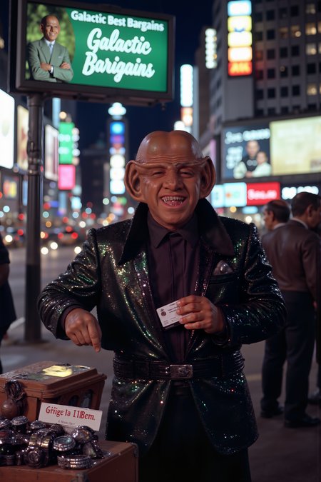 A bald Ferengi street vendor wearing headskirt at the back of the head, dressed in a flashy, knockoff designer suit with oversized lapels, stands at the corner of a busy city intersection, his makeshift stall overflowing with counterfeit watches and smartphones. His wide, toothy grin beams at every passerby as he shouts, âSpecial deal! Buy one, get none free!â His oversized ears twitch every time someone pulls out their wallet, and he leans in with a sly wink, offering âexclusive, one-time discountsâ that mysteriously change with every customer. The neon lights of the city reflect off his gleaming forehead, while behind him, a massive billboard advertises "Galactic Best Bargains," his not-so-legitimate business. His hands move quickly, palming credit cards and exchanging products with lightning speed, all while keeping an eye out for potential profitsâand the occasional patrol officer.<lora:aidmaMJ6.1-FLUX-V0.1:0.6><lora:Movie_Portrait><lora:Flux DetailerV2><lora:ferengiV1_FLUX>