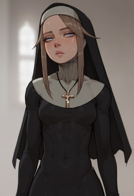 score_9, score_8_up, score_7_up,toned body,perky breasts,shiny skin,elegant woman,perky breasts,Gardie, brown hair, blue eyes, habit, nun , nun dress, cross necklace,in a sports gym