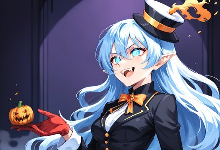 (masterpiece), (score_9, score_8_up, score_7_up,source_anime), 4K8K, 
(from side), misty, steam, fog, Floating Halloween pumpkins, 
halloween, halloween fantasy, (jakkRo), 
(pumpkinhead woman, Pumpkinhead:1.3), (solo), blue flame, burning pumpkin, (dark aura:1.4), (smirk, half-opened mouth, Canine, tooth, fang1.2), 
(medium figure:0.9), (pointy breasts:1.1), 
(shining eyes), 
(wearing black tuxedo, Miniature Hats, red gloves:1.2), 
(emperor's audience room, dark room:1.3), elf ears,