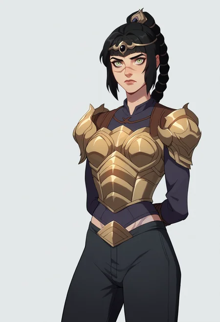 score_9, score_8_up, score_7_up, BREAK,
1girl, solo, shadowheart, black hair, braided ponytail, green eyes, scar on face, circlet, looking at viewer, armor, pants,
arms behind back, standing, looking at viewer, white background <lora:ShadowHeartXL:0.8>   <lora:FantasyWesternAnimation_YoungJusticeDCAMU_v2:1>