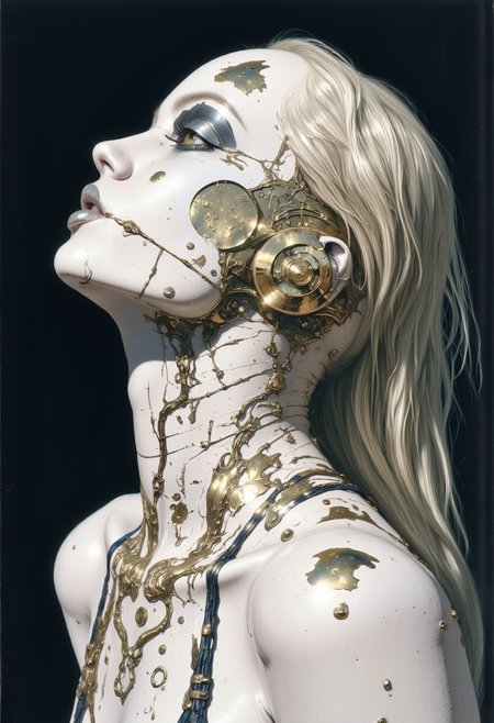 impressionist classical-style painting of a highly detailed, fantasy scene with a dramatic, robotic aesthetic. The central figure is a female robot. Her head and body are made of white, shiny and smooth metal with multi-colored, exposed wiring going down her neck creating an organic mosaic pattern. She is a biomechanical robot and there are wires jacked into her face. Her eyes are an intense silver color with light silver eyeshadow, and her lips are a rich, deep silver color. There is a missing panel on her cheek. A spot light focuses on her from above. Her hair is stark, metallic white strands that falls around the lower half of the image. She is blending in with the background. She is facing you and looking up into the sky intensely. The overall impression is one of dramatic beauty, with an almost otherworldly quality.  (((ultra-realistic style))), realistic soft lighting, dark, eye-catching, atmospheric lighting, natural, shallow depth of field, (highlights: 0.8), high detail (dynamic, cinematic shot, film grain, bokeh, depth of field,
