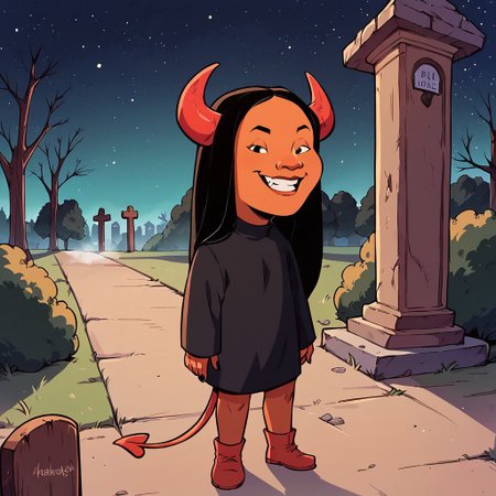 score_9, score_8up, score_7up, score_6up, solo, 1girl, Connie S KOTH, dark skin, black eyes, long hair, black hair, cowboy shot,
smug grin, big mouth, half-closed eyes, flat chest, short stack, standing, candy on the ground, full body, devil costume, devil horns, devil tail, peace sign,
outdoors, graveyard, tombstones, dead trees, starry night sky, fog, Halloween, leaning back, looking at viewer,
