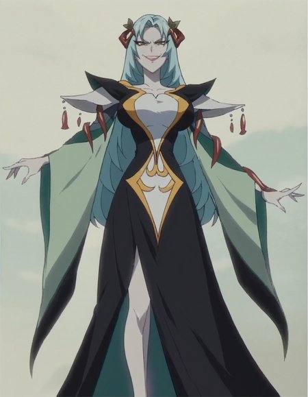 score_9, score_8_up, score_7_up, 1girl, solo, anime screencap, long hair, dress, blue hair, hair ornament, standing,large breasts, black dress, aqua hair, looking at viewer,evil smile,white skin,battle  <lora:northaV2:0.8>