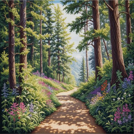 Beautiful cross-stitch art, forest path, photorealistic, detailed textures, vibrant greens, tall trees, dappled sunlight, colorful wildflowers, winding path, high contrast, serene and inviting, fine stitches, natural light, intricate foliage