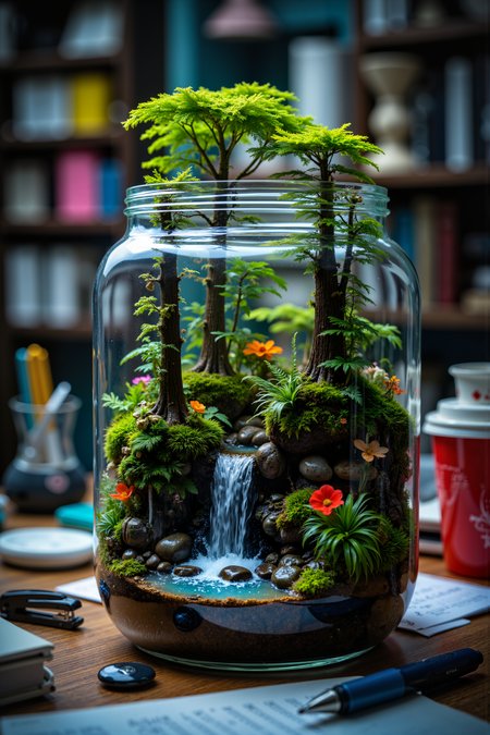 A hyper-realistic portrait, photorealistic photo close-up image ofA close-up portrait of a miniature forest ecosystem thriving inside an ordinary glass jar on a cluttered office desk. The jar, usually reserved for holding pens or paper clips, now houses a tiny, self-sustaining world. Inside, towering trees made of moss rise from a lush, green undergrowth, with delicate ferns and tiny, colorful flowers blooming in the corners. The ecosystem is complete with a small, glimmering waterfall cascading over miniature rocks, creating a pool that reflects the fluorescent office lights above. The jar is positioned among mundane office suppliesâstaplers, sticky notes, and coffee mugsâcreating a stark contrast between the bustling life inside the jar and the lifeless objects around it. The vibrant greens and blues within the jar pop against the neutral tones of the office, drawing the eye and inviting curiosity. This image evokes a sense of wonder, as if nature has reclaimed a small piece of the sterile, corporate world. (photography, high-resolution, dynamic, energetic,hyper-realistic, dramatic lighting, shallow depth of field.), detailmaximizer, MythP0rt<lora:midjourney_whisper_flux_lora_v01:0.55><lora:aidmaMJ6.1-FLUX-V0.1:0.4><lora:FluxMythP0rtr4itStyle:0.4><lora:detailed_flux_ntc:2.2><lora:aidmaImageUpgrader-FLUX-V0.1:0.65>