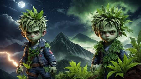 a (male ((adorable:dark:.9) ((detailed) (intricate) zombie:(weed):.3) with (leafy hair))) in a ((moutain top):(moutain top):.1) at (nighttime dark no moon or stars) while its (overcast:tornado:.6), (raw) (photorealistic) (max detailed)