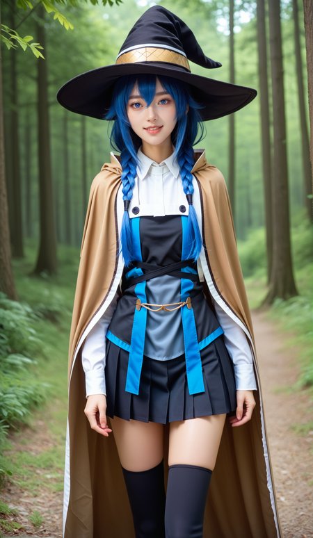 score_9, score_8_up, score_7_up,
<lora:P-Roxy:0.8> r0x7, 1girl, solo, blue eyes, blue hair, long hair, hair between eyes, bangs, twin braids, brown cape, witch hat, cape, pleated skirt, long sleeves, black skirt, small breasts, seductive smile, parted lips, eyelashes, standing, (cowboy shot, realistic, photorealistic), thigh boot, black thighhighs, forest background,
,glistening skin, <lora:shinyskin2:0.5>,
masterpiece, expressiveh, <lora:Expressive_H:0.3>