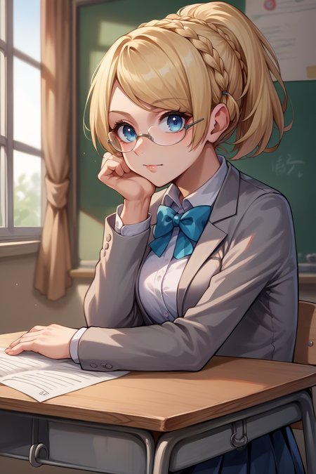 score_9, score_8_up, score_7_up, score_6_up, source_anime, BREAK 1girl, solo,  <lora:lunafreya-pdxl-nvwls-v1-000006:1> lunafreya, blonde hair, blue eyes, braid, ponytail, glasses, medium breasts, white shirt, grey blazer, bowtie, pleated skirt, head rest, desk, classroom, looking at you, from side