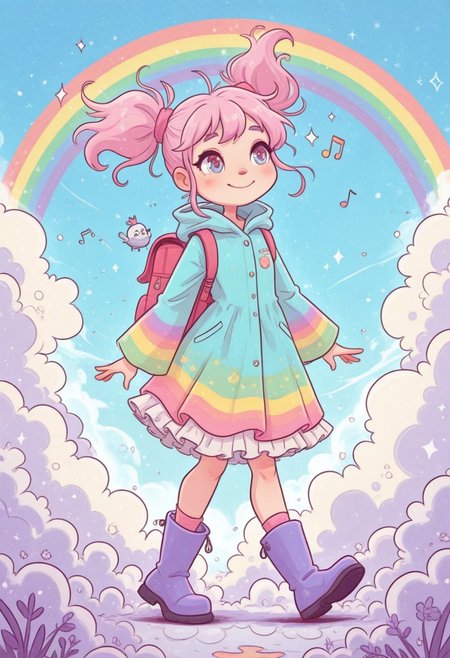 (in style of fujimoto tatsuki style:1.2), art by naomi_lord, pastel colors, colorful,
1girl, 
masterpiece, best quality, amazing quality,
full body, solo, 
petite, twintails, raincoat, backpack, frilled skirt, rubber boots, 
walking, on cloud, happy, humming, musical note, rainbow, sparkle, blue sky, sunlight, bird, 
very aesthetic, absurdres, hyper-detailed, 8k uhd, absolutely eye-catching, ambient occlusion, raytracing,